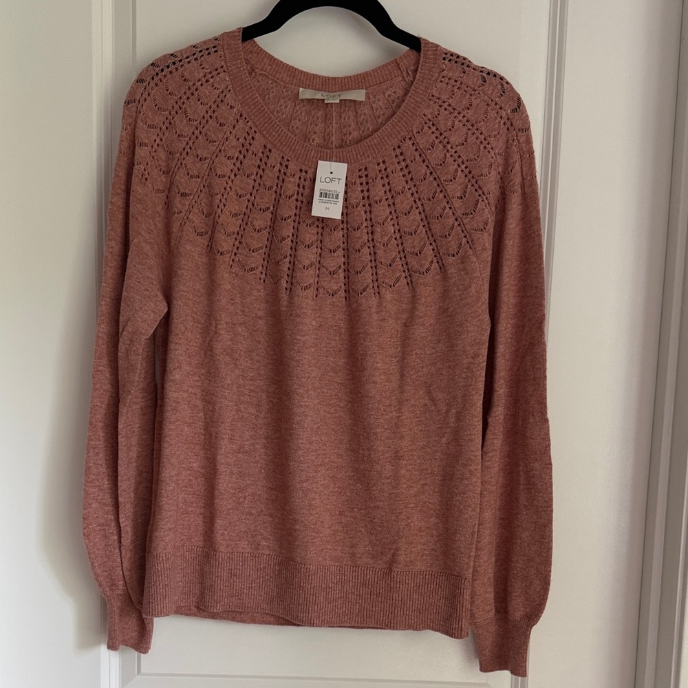 LOFT Dusty Rose Pointelle Yoke Crew Sweater